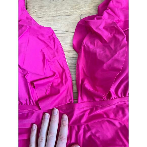 NWT J. Crew Pink Fushia One Piece Swim Suit Ruched Ruffle V Neck Women's 22 - Picture 7 of 10